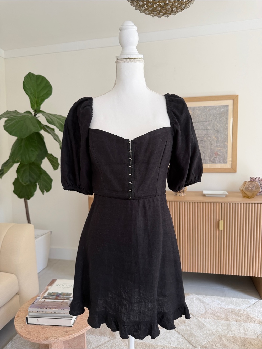 Reformation Black Puff-Sleeve Corset Mini Dress